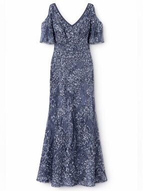 Alex Evenings Navy Blue Silver Sequins Floral Evening Gown Size 10